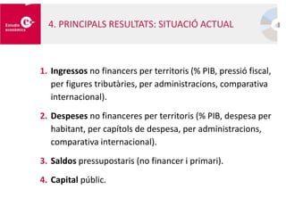 1. Ingressos no financers per territoris (% PIB, pressió fiscal,
per figures tributàries, per administracions, comparativa
internacional).
2. Despeses no financeres per territoris (% PIB, despesa per
habitant, per capítols de despesa, per administracions,
comparativa internacional).
3. Saldos pressupostaris (no financer i primari).
4. Capital públic.
4. PRINCIPALS RESULTATS: SITUACIÓ ACTUAL
 