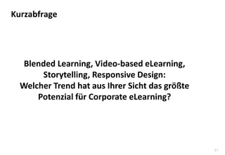 21
Blended Learning, Video-based eLearning,
Storytelling, Responsive Design:
Welcher Trend hat aus Ihrer Sicht das größte
...