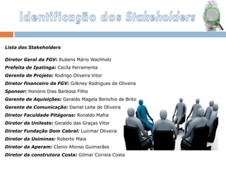 Lista dos Stakeholders
Diretor Geral da FGV: Rubens Mário Wachholz
Prefeita de Ipatinga: Cecíla Ferramenta
Gerente de Projeto: Rodrigo Oliveira Vitor
Diretor financeiro da FGV: Gilkney Rodrigues de Oliveira
Sponsor: Honório Dias Barbosa Filho
Gerente de Aquisições: Geraldo Magela Benichio de Brito
Gerente de Comunicação: Daniel Leite de Oliveira
Diretor Faculdade Pitágoras: Ronaldo Mafra
Diretor da Unileste: Geraldo das Graças Vitor
Diretor Fundação Dom Cabral: Lucimar Oliveira
Diretor da Usiminas: Roberto Maia
Diretor da Aperam: Clenio Afonso Guimarães
Diretor da construtora Costa: Gilmar Correia Costa
 