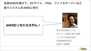 全部AWSを掲げて、ECサイト、POS、ファイルサーバーなど
続々システムをAWSに移行
AWSむっちゃええやん！
株式会社東急ハンズ  
ITコマース部長 執行役員 
ハンズラボ株式会社 
代表取締役社長
長谷川 秀樹様
 