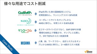 様々な用途でコスト削減
Eコマースサイトだけでなく、SAP ERPの本番
環境をAWS上で稼動させ、オンプレと比較し
て、5年で65%のコスト削減効果
人事、BI、ワークフロー、会計システムをオン
プレからAWSに移行し、3∼4割のコスト削減
iPadを用いた車の画像販売システム
初期投資なし、ランニングコスト30%削減
コーポレートサイトをオンプレから 
AWSに移行し、年間コストを80%削減
C
ase
Study
 