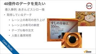 40億件のデータを見たい
• 取得しているデータ
• レーン上の寿司の売り上げ
• レーン上の寿司の鮮度
• テーブル毎の注文
• 人数と着席時間
導入事例: あきんどスシロー様
C
ase
Study
 