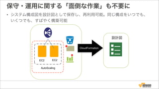 保守・運用に関する「面倒な作業」も不要に
• システム構成図を設計図として保存し、再利用可能。同じ構成をいつでも、
いくつでも、すばやく構築可能
EC2 EC2
AutoScaling
設計図
CloudFormation
 