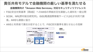 責任共有モデルで金融機関の厳しい基準を満たせる
• FISC安全対策基準（第8版）へのAWSの準拠状況を調査した資料を一般公開
• SCSK、NRI(野村総合研究所)、ISID(電通国際情報サービス)3社が共同で調
査。AWSも調査に協力
• AWSと利用者で責任分担することで、FISC安対基準を満たせるとの見解
金融機関向け『Amazon Web Services』対応セキュリティリファレンス
 