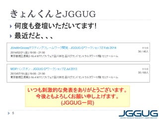 きょんくんとJGGUG
 何度も登壇いただいてます!
 最近だと、、、
5
いつも刺激的な発表をありがとうございます。
今後ともよろしくお願い申し上げます。
(JGGUG一同)
 