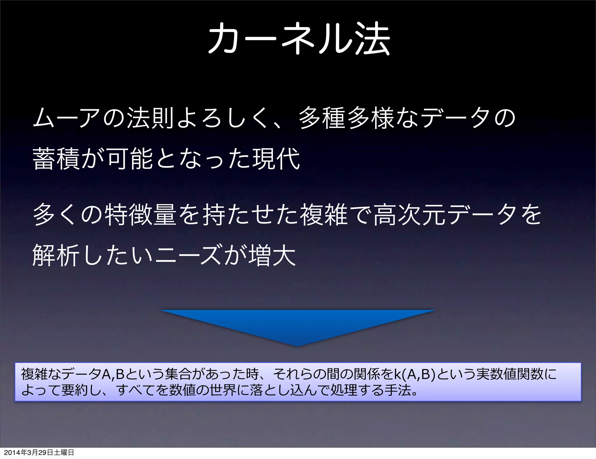 カーネル法
ムーアの法則よろしく、多種多様なデータの
蓄積が可能となった現代
多くの特徴量を持たせた複雑で高次元データを
解析したいニーズが増大
複雑なデータA,Bという集合があった時、それらの間の関係をk(A,B)という実数値関数に
よって要約し、すべてを数値の世界に落とし込んで処理する 法。
2014年3月29日土曜日
 