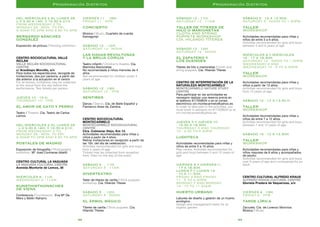 2322
Sábado 12 · 11h.
Saturday 12 · 11am
Taller de títeres de
hilo o marionetas
Cloth and string
puppets workshop.
Cía. Hilando Títeres
Sábado 12 · 12h.
Saturday 12 · noon
El zapatero y
los duendes
Títeres de hilo o marionetas / Cloth and
string puppets. Cía. Hilando Títeres
Centro de Interpretación de la
Naturaleza Montecarmelo
Montecarmelo Nature Study
Centre
Para participar en las actividades es
necesario realizar una reserva previa en
el teléfono 917359634 o en el correo
electrónico cin.montecarmelo@yahoo.es
In order to take part in the activities, you
must book in advance on 917359634 or at
cin.montecarmelo@yahoo.es
Jueves 3 y jueves 10
· 16.30 a 18.30h.
Thursday 3 and Thursday
10 · 4.30 to 6.30pm
Ludoteca
Actividades recomendadas para niñas y
niños de entre 5 a 10 años.
Play centre. Activities recommended for
girls and boys between 5 and 10 years of
age.
Viernes 4 y viernes11
· 17 a 18.30h.
Lunes 7 y lunes 14
· 10 a 11.30h.
Friday 4 and Friday
11 · 5 to 6.30pm
Monday 7 and Monday
14 · 10 to 11.30am
Huerto urbano
Labores de diseño y gestión de un huerto
ecológico.
Design and management tasks for an
organic garden.
Sábado 5 · 12 a 13.30h.
Saturday 5 · noon to 1.30pm
Taller
Workshop
Actividades recomendadas para niñas y
niños de entre 3 a 6 años.
Activities recommended for girls and boys
between 3 and 6 years of age.
Miércoles 9 y miércoles
16 · 17 a 18.30h.
Saturday 12 · noon to 1.30pm
Wednesday 9 and
Wednesday 16 · 5 to 6.30pm
Taller
Workshop
Actividades recomendadas para niñas y
niños a partir de 13 años.
Activities recommended for girls and boys
from 13 years of age.
Sábado 12 · 12 a 13.30 h
.
Taller
Workshop
Actividades recomendadas para niñas y
niños de entre 7 a 12 años.
Activities recommended for girls and boys
between 7 and 12 years of age.
Sábado 19 · 12 a 13.30h.
Taller
Workshop
Actividades recomendadas para niñas y
niños mayores de 6 años y acompañados
de adulto.
Activities recommended for girls and boys
over 6 years of age and ccompanied by an
adult.
Centro Cultural Alfredo Kraus
Alfredo Kraus Cultural Centre
Glorieta Pradera de Vaquerizas, s/n
Viernes 4 · 19h.
Friday 4 · 7pm
Tarde lírica
Zarzuela. Cía. de Lorenzo Moncloa
Música / Music
Programación Distritos
Del miércoles 2 al lunes 28
L-V 9.30 a 14h. y 16.30 a 21h.
From Wednesday 2 to
Monday 28 · Mon. to Fri.
9.30am to 2pm and 4.30 to 9pm
Bernardo Sánchez
González
Exposición de pintura / Painting exhibition
Centro Sociocultural Valle
Inclán
Valle Inclán Sociocultural
Centre
c/ Arzobispo Morcillo, s/n
Para todos los espectáculos, recogida de
invitaciones, dos por persona, a partir del
día anterior a la actuación en el centro
For all shows, invitations may be collected
at the venue from the day before the
performance. Two tickets per person.
Jueves 10 · 19 h.
Thursday 10 · 7pm
El amor de gato y perro
Teatro / Theatre. Cía. Teatro de Carlos
Lemos
Del miércoles 2 al lunes 28
· L-V 9.30 a 14h. y 16.30 a 21h.
From Wednesday 2 to
Monday 28 · Mon. to Fri.
9.30am to 2pm and 4.30 to 9pm
Postales de Madrid
Exposición de fotografía / Photography
exhibition. Mª José Contreras Abelló
Centro Cultural La Vaguada
La Vaguada Cultural Centre
Avenida Monforte de Lemos, 36
Miércoles 9 · 11h.
Wednesday 9 · 11am
Kunsthisthonsches
de Viena
Conferencia / Conference. Eva Mª De
Mera y Belén Naharro
Viernes 11 · 18h.
Friday 11 · 6pm
Concierto
Música / Music. Cuarteto de cuerda
Kamagorijn
Sábado 12 · 12h.
Saturday 12 · noon
Las hadas revoltosas
y la bruja Coruja
Teatro infantil / Children’s theatre. Cía.
Marimba Marionetas.
No recomendada a niños menores de 4
años
Not recommended for children under 4
years of age
Sábado 12 · 19h.
Saturday 12 · 7pm
Sentires
Danza / Dance. Cía. de Baile Español y
Flamenco Aires de Zambra
Centro Sociocultural
Montecarmelo
Montecarmelo Sociocultural
Centre
Ctra. Colmenar Viejo, Km 13.
Actividades recomendadas para niñas y
niños a partir de 4 años.
Retirar invitaciones en recepción a partir de
las 10h. del día de celebración.
Activities recommended for girls and boys
from 4 years of age.
Tickets may be collected from reception
from 10am on the day of the event.
Sábado 5 · 11h.
Saturday 5 · 11am
Diverteatro
Taller de títeres de varilla / Stick puppets
workshop. Cía. Hilando Títeres
Sábado 5 · 12h.
Saturday 5 · noon
El árbol mágico
Títeres de varilla / Stick puppets. Cía.
Hilando Títeres
Programación Distritos
 