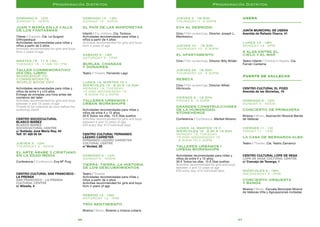 2726
Jueves 3 · 18.30h.
Thursday 3 · 6.30pm
Eva al desnudo
Cine / Film screenings. Director Joseph L.
Mankiewicz
Jueves 10 · 18.30h.
Thursday 10 · 6.30pm
El apartamento
Cine / Film screenings. Director Billy Wilder
Jueves 24 · 18.30h.
Thursday 24 · 6.30pm
Rebeca
Cine / Film screenings. Director Alfred
Hitchcock.
Viernes 4 · 18.30h.
Friday 4 · 6.30pm
Grandes construcciones
de la humanidad:
Stonehenge
Conferencia / Conference. Maribel Moreno
Lunes 14, martes 15 y
miércoles 16 · 8.30 a 14.30h.
Monday 14, Tuesday
15 and Wednesday 16
· 8.30am to 2.30pm
Talleres Urbanos /
Urban Workshops
Actividades recomendadas para niñas y
niños de entre 4 y 12 años
30 € Todos los días. 15 € Días sueltos
Activities recommended for girls and boys
between 4 and 12 years of age
€30 every day. €15 individual days
Usera
–––––––––––––––––––––––––––––––
Junta Municipal de Usera
Avenida de Rafaela Ybarra, 41
Lunes 14 · 18h.
Monday 14 · 6pm
4 alas entre el
cielo y el mar
Teatro infantil / Children’s theatre. Cía.
Fernán Cardama
Puente de vallecas
–––––––––––––––––––––––––––––––
Centro Cultural El Pozo
Avenida de las Glorietas, 19
Domingo 6 · 12h.
Sunday 6 · noon
Concierto de Primavera
Música / Music. Asociación Musical Banda
de Vallecas
Viernes 11 · 1h.
Friday 11 · 1am
La casa de Bernarda Alba
Teatro / Theatre. Cía. Teatro Zamamur
Centro Cultural Lope de Vega
Lope de Vega Cultural Centre
c/ Concejo de Teverga, 1
Miércoles 9 · 18h.
Wednesday 9 · 6pm
Concierto Orquesta
y Banda
Música / Music. Escuela Municipal Música
de Vallecas-Villa y Agrupaciones invitadas
Programación Distritos
Domingo 6 · 12h.
Sunday 6 · noon
Juan y maría en la calle
de los fantasmas
Títeres / Puppets. Cía. Le Guignol
Orthopedique
Actividades recomendadas para niñas y
niños a partir de 2 años
Activities recommended for girls and boys
from 2 years of age
Martes 15 · 11 a 13h.
Tuesday 15 · 11am to 1pm
Taller conmemorativo
día del libro
Workshop to
commemorate
World Book Day
Actividades recomendadas para niñas y
niños de entre 4 y x10 años
Entrega de entradas una hora antes del
comienzo del taller
Activities recommended for girls and boys
between 4 and 10 years of age
Tickets to be collected an hour before the
workshop starts
Centro Sociocultural
Blasco Ibáñez
Blasco Ibáñez
Sociocultural Centre
c/ Soldado José María Rey, 44
Telf. 91 428 05 54
Jueves 3 · 12h.
Thursday 3 · noon
El arte árabe y cristiano
en la edad media
Conferencia / Conference. Eva Mª Puig
Centro Cultural San Francisco -
La Prensa
San Francisco - La Prensa
Cultural Centre
c/ Aliseda, 4
Domingo 13 · 12h.
Sunday 13 · noon
El país de las marionetas
Infantil / For children. Cía. Tontoys
Actividades recomendadas para niñas y
niños a partir de 4 años
Activities recommended for girls and boys
from 4 years of age
Sábado 5 · 19h.
Saturday 5 · 7pm
Burlas, chanzas
y donaires
Teatro / Theatre. Fernando Lago
Lunes 14, martes 15 y
miércoles 16 · 8.30 a 14.30h.
Monday 14, Tuesday
15 and Wednesday 16
· 8.30am to 2.30pm
Talleres Urbanos /
Urban Workshops
Actividades recomendadas para niñas y
niños de entre 4 y 12 años
30 € Todos los días. 15 € Días sueltos
Activities recommended for girls and boys
between 4 and 12 years of age
€30 every day. €15 individual days
Centro Cultural Fernando
Lázaro Carreter
Fernando Lázaro Carreter
Cultural Centre
c/ Verdad, 29
Domingo 6 · 12h.
Sunday 6 · noon
Tierra, tierra. La historia
de los descubrimientos
Teatro / Theatre
Actividades recomendadas para niñas y
niños a partir de 4 años
Activities recommended for girls and boys
from 4 years of age
Sábado 12 · 19h.
Saturday 12 · 7pm
Trío sentimiento
Música / Music. Boleros y música cubana
Programación Distritos
 