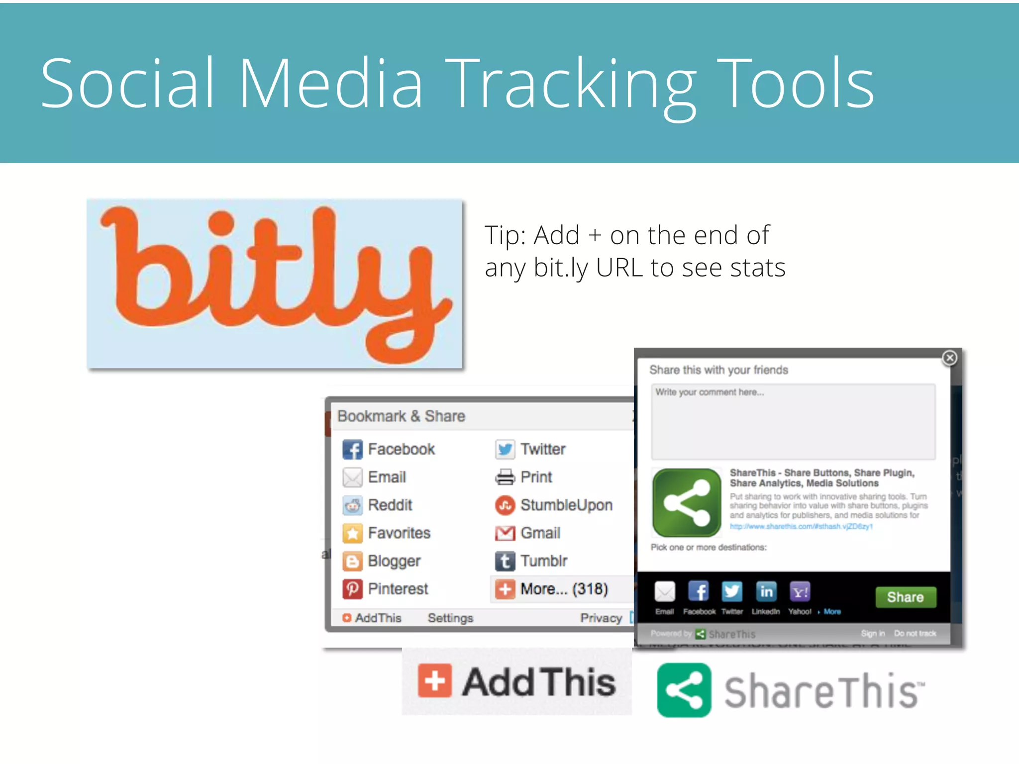 Social Media Tracking Tools
Tip: Add + on the end of
any bit.ly URL to see stats