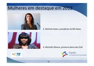 Mulheres	
  em	
  destaque	
  em	
  2013	
  

3.	
  Melinda	
  Gates,	
  presidente	
  da	
  Bill	
  Gates	
  

4.	
  Michelle	
  Obama,	
  primeira-­‐dama	
  dos	
  EUA	
  

33

 