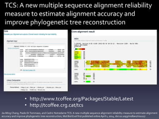TCS:A new multiple sequence alignment reliability
measure to estimate alignment accuracy and
improve phylogenetic tree reconstruction
Jia-Ming Chang, Paolo Di Tommaso, and Cedric Notredame TCS: A new multiple sequence alignment reliability measure to estimate alignment
accuracy and improve phylogenetic tree reconstruction, Mol Biol Evol first published online April 1, 2014, doi:10.1093/molbev/msu117
• http://www.tcoffee.org/Packages/Stable/Latest
• http://tcoffee.crg.cat/tcs
 