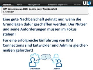 Nachbarn

Portal

Activitystream

Embedded Experience

Jens Ribbeck

IBM Connections und IBM Domino in der Nachbarschaft
Grundlagen

Eine gute Nachbarschaft gelingt nur, wenn die
Grundlagen dafür geschaffen werden. Der Nutzer
und seine Anforderungen müssen im Fokus
stehen!
Für eine erfolgreiche Einführung von IBM
Connections sind Entwickler und Admins gleichermaßen gefordert!

www.dnug.de

Entwickler

Admin

 