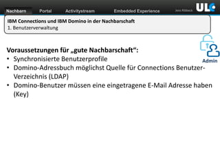 Nachbarn

Portal

Activitystream

Embedded Experience

Jens Ribbeck

IBM Connections und IBM Domino in der Nachbarschaft
1. Benutzerverwaltung

Voraussetzungen für „gute Nachbarschaft“:
• Synchronisierte Benutzerprofile
Admin
• Domino-Adressbuch möglichst Quelle für Connections BenutzerVerzeichnis (LDAP)
• Domino-Benutzer müssen eine eingetragene E-Mail Adresse haben
(Key)

www.dnug.de

 