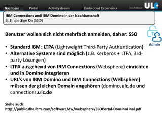 Nachbarn

Portal

Activitystream

Embedded Experience

Jens Ribbeck

IBM Connections und IBM Domino in der Nachbarschaft
3. Single Sign On (SSO)

Benutzer wollen sich nicht mehrfach anmelden, daher: SSO
• Standard IBM: LTPA (Lightweight Third-Party Authentication)
• Alternative Systeme sind möglich (z.B. Kerberos + LTPA, 3rdparty Lösungen)
• LTPA ausgehend von IBM Connections (Websphere) einrichten
und in Domino integrieren
• URL‘s von IBM Domino und IBM Connections (Websphere)
müssen der gleichen Domain angehören (domino.ulc.de und
connections.ulc.de
Siehe auch:
http://public.dhe.ibm.com/software/dw/websphere/SSOPortal-DominoFinal.pdf
www.dnug.de

Admin

 