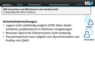 Nachbarn

Portal

Activitystream

Embedded Experience

Jens Ribbeck

IBM Connections und IBM Domino in der Nachbarschaft
3. Single Sign On (SSO), Probleme

Sicherheitsbetrachtungen:
• Logout nicht vollständig möglich (LTPA-Token bleibt
erhalten), problematisch in Multiuser-Umgebungen
• Benutzer-Sperre bei Fehlversuchen nicht eindeutig
• Passwortwechsel muss möglich sein (Synchronisation von
Profiles mit LDAP)

www.dnug.de

Admin

Entwickler

 