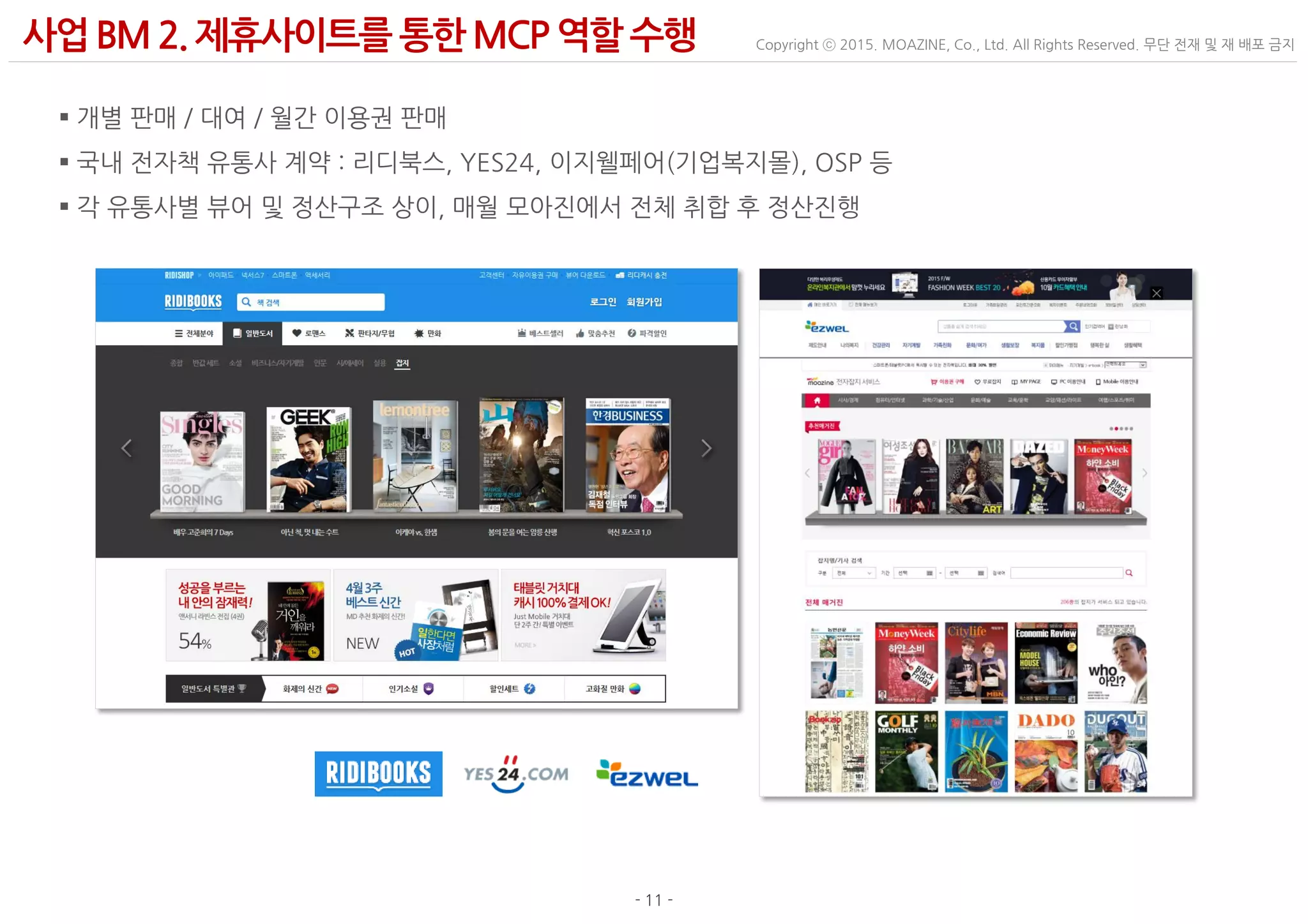 - 11 -
Copyright ⓒ 2015. MOAZINE, Co., Ltd. All Rights Reserved. 무단 전재 및 재 배포 금지사업BM 2. 제휴사이트를 통한 MCP 역할수행
 개별 판매 / 대여 / 월간 이용권 판매
 국내 전자책 유통사 계약 : 리디북스, YES24, 이지웰페어(기업복지몰), OSP 등
 각 유통사별 뷰어 및 정산구조 상이, 매월 모아진에서 전체 취합 후 정산진행
 
