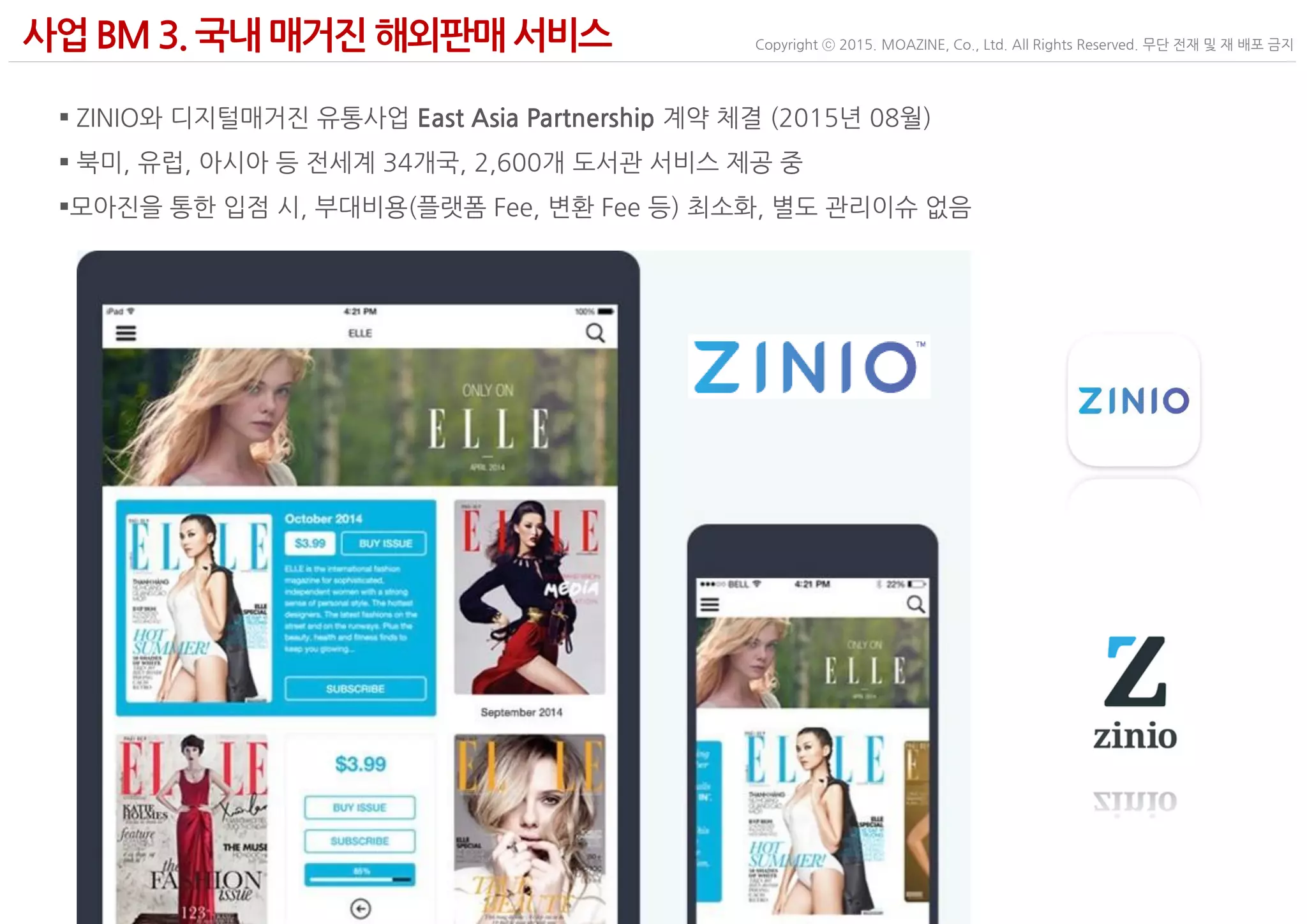 - 12 -
Copyright ⓒ 2015. MOAZINE, Co., Ltd. All Rights Reserved. 무단 전재 및 재 배포 금지사업BM 3. 국내 매거진 해외판매서비스
 ZINIO와 디지털매거진 유통사업 East Asia Partnership 계약 체결 (2015년 08월)
 북미, 유럽, 아시아 등 전세계 34개국, 2,600개 도서관 서비스 제공 중
모아진을 통한 입점 시, 부대비용(플랫폼 Fee, 변환 Fee 등) 최소화, 별도 관리이슈 없음
 