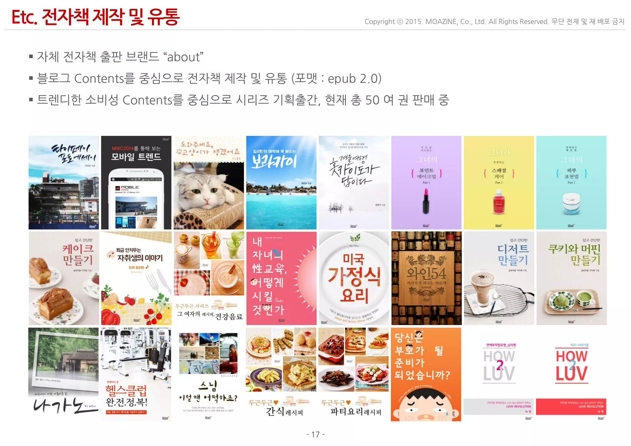 - 17 -
Copyright ⓒ 2015. MOAZINE, Co., Ltd. All Rights Reserved. 무단 전재 및 재 배포 금지Etc. 전자책제작 및 유통
 자체 전자책 출판 브랜드 “about”
 블로그 Contents를 중심으로 전자책 제작 및 유통 (포맷 : epub 2.0)
 트렌디한 소비성 Contents를 중심으로 시리즈 기획출간, 현재 총 50 여 권 판매 중
 