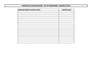 DEMONSTRAÇÃO DO RESULTADO JANEIRO/2013
EXERCÍCIO DE CONTABILIZAÇÃO - CIA TÔ APRENDENDO - JANEIRO DE 2013
 