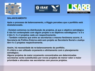 BALANCEAMENTO
Após o processo de balanceamento, a Higgis percebeu que o portfólio está
desbalanceado.
- Existem extremos na distribuição de projetos, já que o objetivo estratégico
8 não foi contemplado com algum projeto e os objetivos estratégicos 7 e 5 e
4 têm 5, 3 e 3 projetos cada um respectivamente.
- Também notamos que entre as secretarias o mesmo fenômeno ocorre. A
Secretaria de Política Externa está sem projeto as Secretaria Social e Justiça
têm 4 e 3 projetos respectivamente.
Assim, há necessidade de re-balanceamento do portfólio.
O critério a ser utilizado orçamento e alinhamento com o planejamento
estratégico.
Alguns projetos de maior orçamento concentrados em determinadas
secretarias serão substituídos por novos projetos de menor valor e maior
prioridade e alocados nas secretarias com poucos projetos.
 