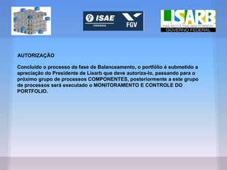 AUTORIZAÇÃO
Concluído o processo da fase de Balanceamento, o portfólio é submetido a
apreciação do Presidente de Lisarb que deve autoriza-lo, passando para o
próximo grupo de processos COMPONENTES, posteriormente a este grupo
de processos será executado o MONITORAMENTO E CONTROLE DO
PORTFOLIO.
 