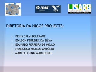 DIRETORIA DA HIGGS PROJECTS:
o DENIS CALVI BELTRAME
o EDILSON FERREIRA DA SILVA
o EDUARDO FERREIRA DE MELLO
o FRANCISCO MATEUS ANTÓNIO
o MARCELO DINIZ MARCONDES
 