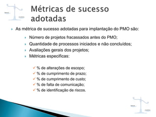  As métrica de sucesso adotadas para implantação do PMO são:
 Número de projetos fracassados antes do PMO;
 Quantidade de processos iniciados e não concluídos;
 Avaliações gerais dos projetos;
 Métricas especificas:
 % de alterações de escopo;
 % de cumprimento de prazo;
 % de cumprimento de custo;
 % de falta de comunicação;
 % de identificação de riscos.
 