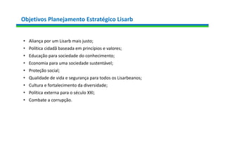 Objetivos Planejamento Estratégico Lisarb
• Aliança por um Lisarb mais justo;
• Política cidadã baseada em princípios e valores;
• Educação para sociedade do conhecimento;
• Economia para uma sociedade sustentável;
• Proteção social;
• Qualidade de vida e segurança para todos os Lisarbeanos;
• Cultura e fortalecimento da diversidade;
• Política externa para o século XXI;
• Combate a corrupção.
 