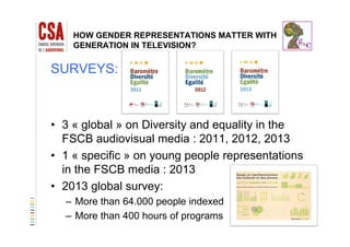 HOW GENDER REPRESENTATIONS MATTER WITH
GENERATION IN TELEVISION?
SURVEYS:SURVEYS:
• 3 « global » on Diversity and equality in the• 3 « global » on Diversity and equality in the
FSCB audiovisual media : 2011, 2012, 2013
1 ifi l t ti• 1 « specific » on young people representations
in the FSCB media : 2013
• 2013 global survey:
– More than 64.000 people indexed
– More than 400 hours of programs
 