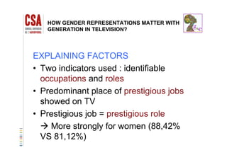 HOW GENDER REPRESENTATIONS MATTER WITH
GENERATION IN TELEVISION?
EXPLAINING FACTORS
• Two indicators used : identifiable
occupations and rolesoccupations and roles
• Predominant place of prestigious jobs
h d TVshowed on TV
• Prestigious job = prestigious rolePrestigious job prestigious role
More strongly for women (88,42%
VS 81 12%)VS 81,12%)
 