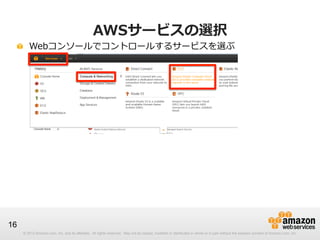 © 2012 Amazon.com, Inc. and its affiliates. All rights reserved. May not be copied, modified or distributed in whole or in part without the express consent of Amazon.com, Inc.
16
AWSサービスの選択
!   Webコンソールでコントロールするサービスを選ぶ
 