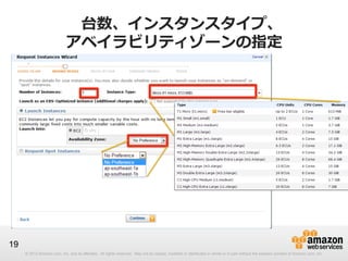 © 2012 Amazon.com, Inc. and its affiliates. All rights reserved. May not be copied, modified or distributed in whole or in part without the express consent of Amazon.com, Inc.
19
台数、インスタンスタイプ、
アベイラビリティゾーンの指定
 