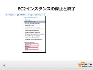 © 2012 Amazon.com, Inc. and its affiliates. All rights reserved. May not be copied, modified or distributed in whole or in part without the express consent of Amazon.com, Inc.
31
EC2インスタンスの停⽌止と終了了
 