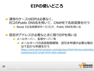 © 2012 Amazon.com, Inc. and its affiliates. All rights reserved. May not be copied, modified or distributed in whole or in part without the express consent of Amazon.com, Inc.
36
EIPの使いどころ
!   通常のケースはEIPは必要なく、
EC2のPublic  DNS名を⽤用いて、CNAMEで名前変換を⾏行行う
!   Route  53(名前解決サービス)で、Public  DNSを⽤用いる
!   固定IPアドレスが必要なときに限りEIPを⽤用いる
!   メールサーバー、監視サーバー等
!   メールサーバの送信制限解除、逆引き申請が必要な場合
は下記から申請を⾏行行う
https://aws-‐‑‒portal.amazon.com/gp/aws/html-‐‑‒forms-‐‑‒controller/
contactus/ec2-‐‑‒email-‐‑‒limit-‐‑‒rdns-‐‑‒request
 
