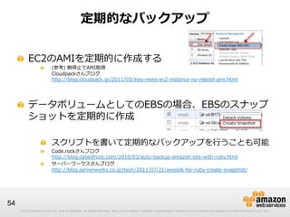 © 2012 Amazon.com, Inc. and its affiliates. All rights reserved. May not be copied, modified or distributed in whole or in part without the express consent of Amazon.com, Inc.© 2012 Amazon.com, Inc. and its affiliates. All rights reserved. May not be copied, modified or distributed in whole or in part without the express consent of Amazon.com, Inc.
54
定期的なバックアップ
!   EC2のAMIを定期的に作成する
!   (参考)  無停⽌止でAMI取得
Cloudpackさんブログ
http://blog.cloudpack.jp/2011/03/aws-‐‑‒news-‐‑‒ec2-‐‑‒instance-‐‑‒no-‐‑‒reboot-‐‑‒ami.html
!   データボリュームとしてのEBSの場合、EBSのスナップ
ショットを定期的に作成
!   スクリプトを書いて定期的なバックアップを⾏行行うことも可能
! Code.rockさんブログ
http://blog.dateofrock.com/2010/03/auto-‐‑‒backup-‐‑‒amazon-‐‑‒ebs-‐‑‒with-‐‑‒ruby.html
!   サーバーワークスさんブログ
http://blog.serverworks.co.jp/tech/2011/07/21/awssdk-‐‑‒for-‐‑‒ruby-‐‑‒create-‐‑‒snapshot/
 