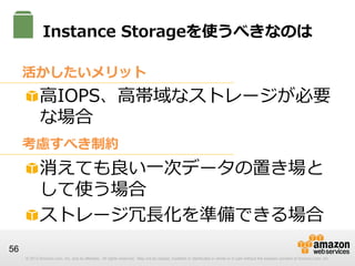 © 2012 Amazon.com, Inc. and its affiliates. All rights reserved. May not be copied, modified or distributed in whole or in part without the express consent of Amazon.com, Inc.© 2012 Amazon.com, Inc. and its affiliates. All rights reserved. May not be copied, modified or distributed in whole or in part without the express consent of Amazon.com, Inc.
56
Instance  Storageを使うべきなのは
!  ⾼高IOPS、⾼高帯域なストレージが必要
な場合
!  消えても良良い⼀一次データの置き場と
して使う場合
!  ストレージ冗⻑⾧長化を準備できる場合
S3活かしたいメリット
考慮すべき制約
 