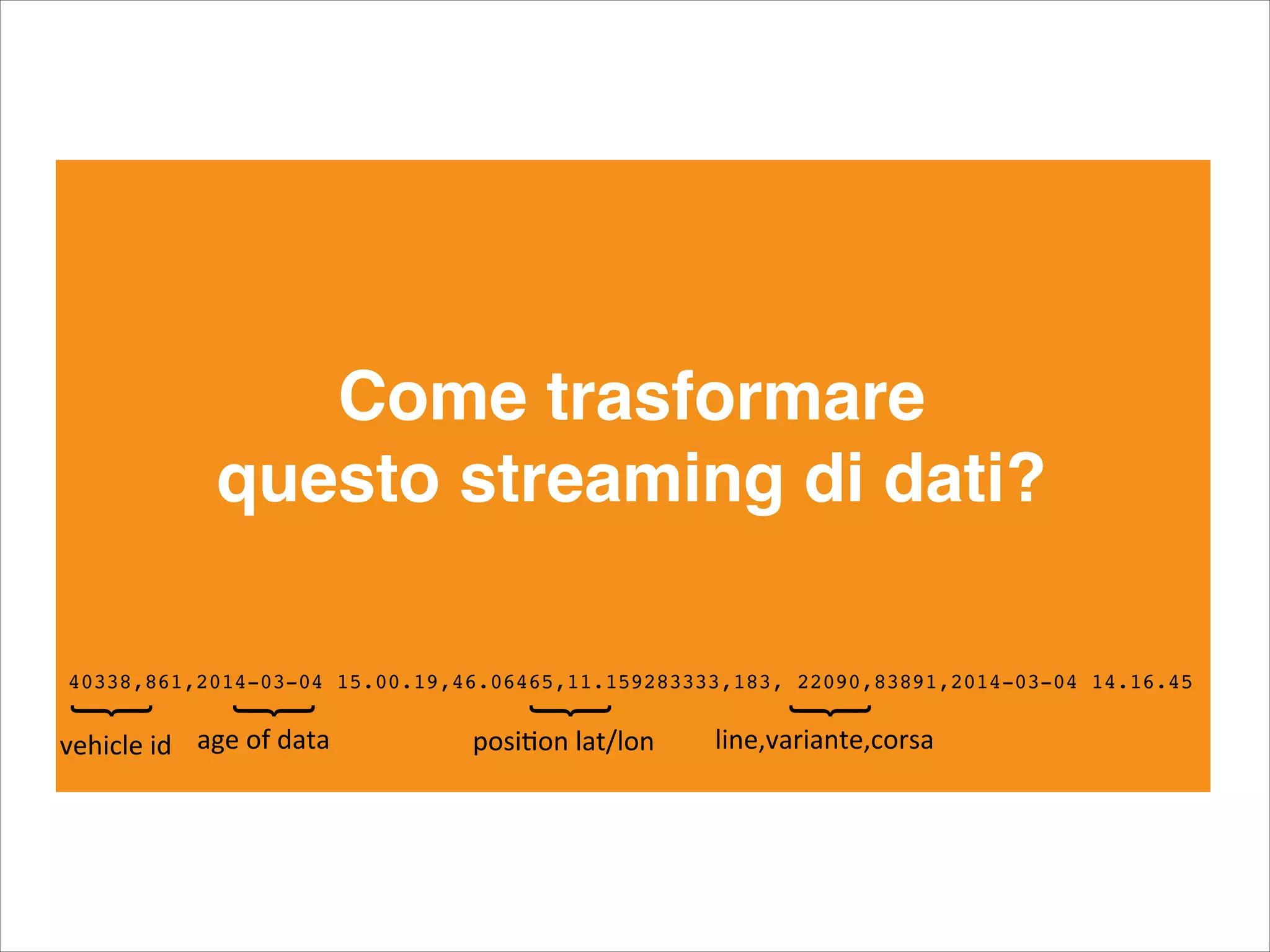 Come trasformare!
questo streaming di dati?!
vehicle'id' age'of'data' posi0on'lat/lon' line,variante,corsa'
40338,861,2014-03-04 15.00.19,46.06465,11.159283333,183, 22090,83891,2014-03-04 14.16.45!
 
