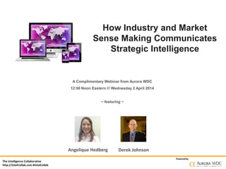 The Intelligence Collaborative
http://IntelCollab.com #IntelCollab
Poweredby
How Industry and Market
Sense Making Communicates
Strategic Intelligence
A Complimentary Webinar from Aurora WDC
12:00 Noon Eastern /// Wednesday 2 April 2014
~ featuring ~
Angelique Hedberg Derek Johnson
 