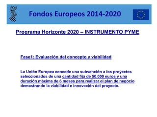 Programa Horizonte 2020 – INSTRUMENTO PYME 
Fase1: Evaluación del concepto y viabilidad 
La Unión Europea concede una subvención a los proyectos seleccionados de una cantidad fija de 50.000 euros y una duración máxima de 6 meses para realizar el plan de negocio demostrando la viabilidad e innovación del proyecto. 
Fondos Europeos 2014-2020  