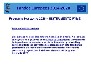 Programa Horizonte 2020 – INSTRUMENTO PYME 
Fase 3: Comercialización 
En esta fase no se recibe ninguna financiación directa. No obstante el proyecto va a gozar de una etiqueta de calidad para proyectos de éxito, acciones de soporte, a través de formación y networking, pero sobre todo los proyectos seleccionados en esta fase tienen prioridad en el acceso a instrumentos financieros en forma de préstamos y capital para PYMEs en el marco del programa Horizonte 2020. 
Fondos Europeos 2014-2020  