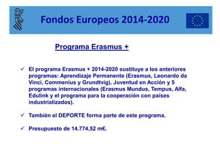 Programa Erasmus + 
El programa Erasmus + 2014-2020 sustituye a los anteriores programas: Aprendizaje Permanente (Erasmus, Leonardo da Vinci, Commenius y Grundtvig), Juventud en Acción y 5 programas internacionales (Erasmus Mundus, Tempus, Alfa, Edulink y el programa para la cooperación con países industrializados). 
También el DEPORTE forma parte de este programa. 
Presupuesto de 14.774,52 m€. 
Fondos Europeos 2014-2020  