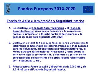 Fondo de Asilo e Inmigración y Seguridad Interior 
1.Se constituye el Fondo de Asilo y Migración y el Fondo de Seguridad Interior como apoyo financiero a la cooperación policial, la prevención y la lucha contra la delincuencia, y la gestión de crisis para el periodo 2014-2020. 
2.Sustituyen un total de 6 antiguos fondos: Fondo Europeo para la Integración de Nacionales de Terceros Países, al Fondo Europeo para los Refugiados, al Fondo para las Fronteras Exteriores, al Fondo Europeo para el Retorno, Prevención y lucha contra la delincuencia (ISEC) y Prevención, preparación y gestión de las consecuencias del terrorismo y de otros riesgos relacionados con la seguridad (CIPS). 
3.Presupuestos: Fondo de Asilo y Migración es de 2.780 m€ y de 3.318 m€ para el Fondo de Seguridad Interior. 
Fondos Europeos 2014-2020  