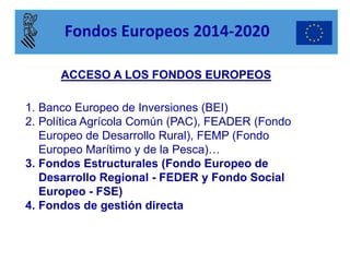 1.Banco Europeo de Inversiones (BEI) 
2.Política Agrícola Común (PAC), FEADER (Fondo Europeo de Desarrollo Rural), FEMP (Fondo Europeo Marítimo y de la Pesca)… 
3.Fondos Estructurales (Fondo Europeo de Desarrollo Regional - FEDER y Fondo Social Europeo - FSE) 
4.Fondos de gestión directa 
ACCESO A LOS FONDOS EUROPEOS 
Fondos Europeos 2014-2020  