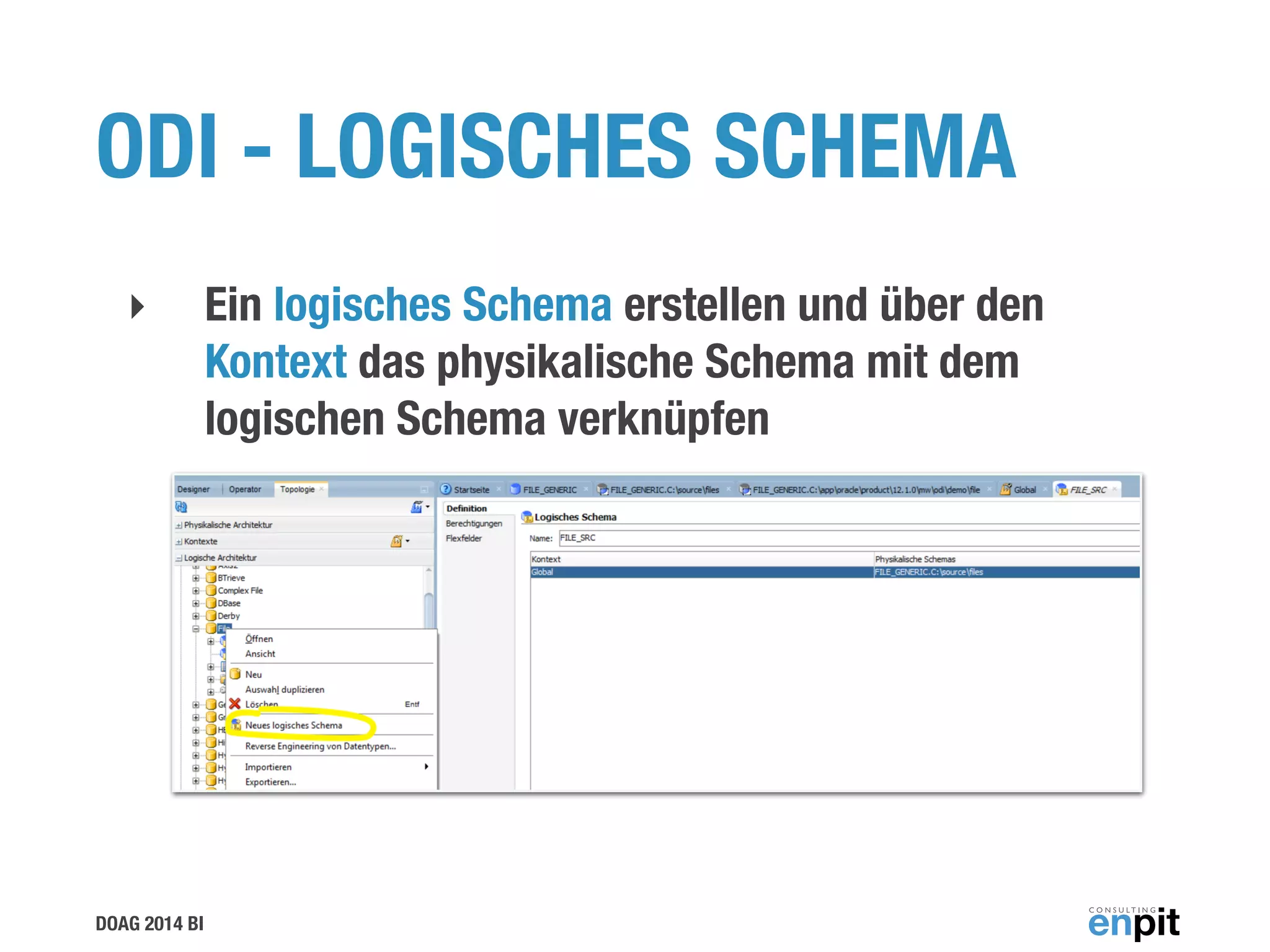 DOAG 2014 BI
ODI - LOGISCHES SCHEMA
‣ Ein logisches Schema erstellen und über den
Kontext das physikalische Schema mit dem
logischen Schema verknüpfen
 