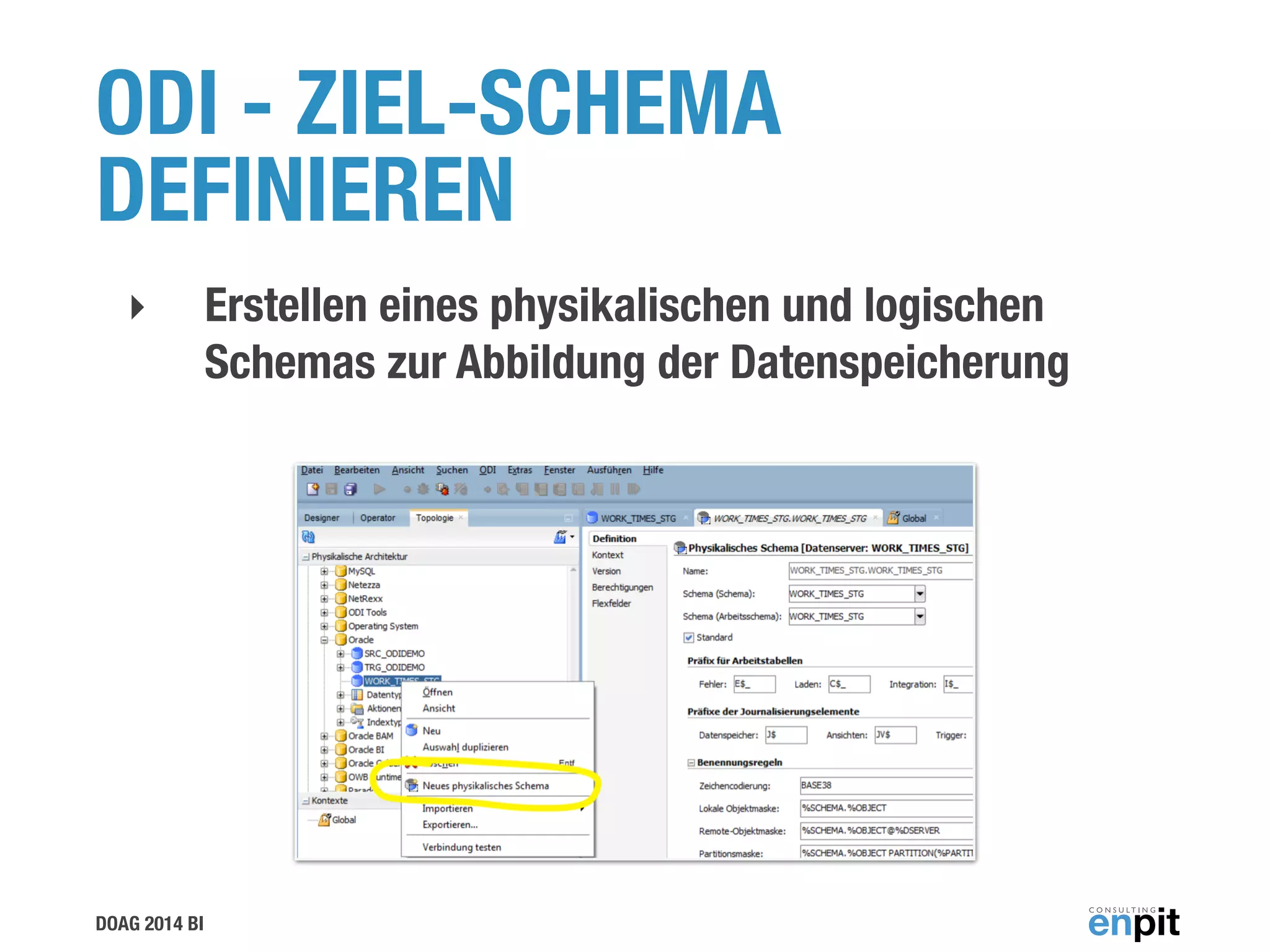 DOAG 2014 BI
ODI - ZIEL-SCHEMA
DEFINIEREN
‣ Erstellen eines physikalischen und logischen
Schemas zur Abbildung der Datenspeicherung
 