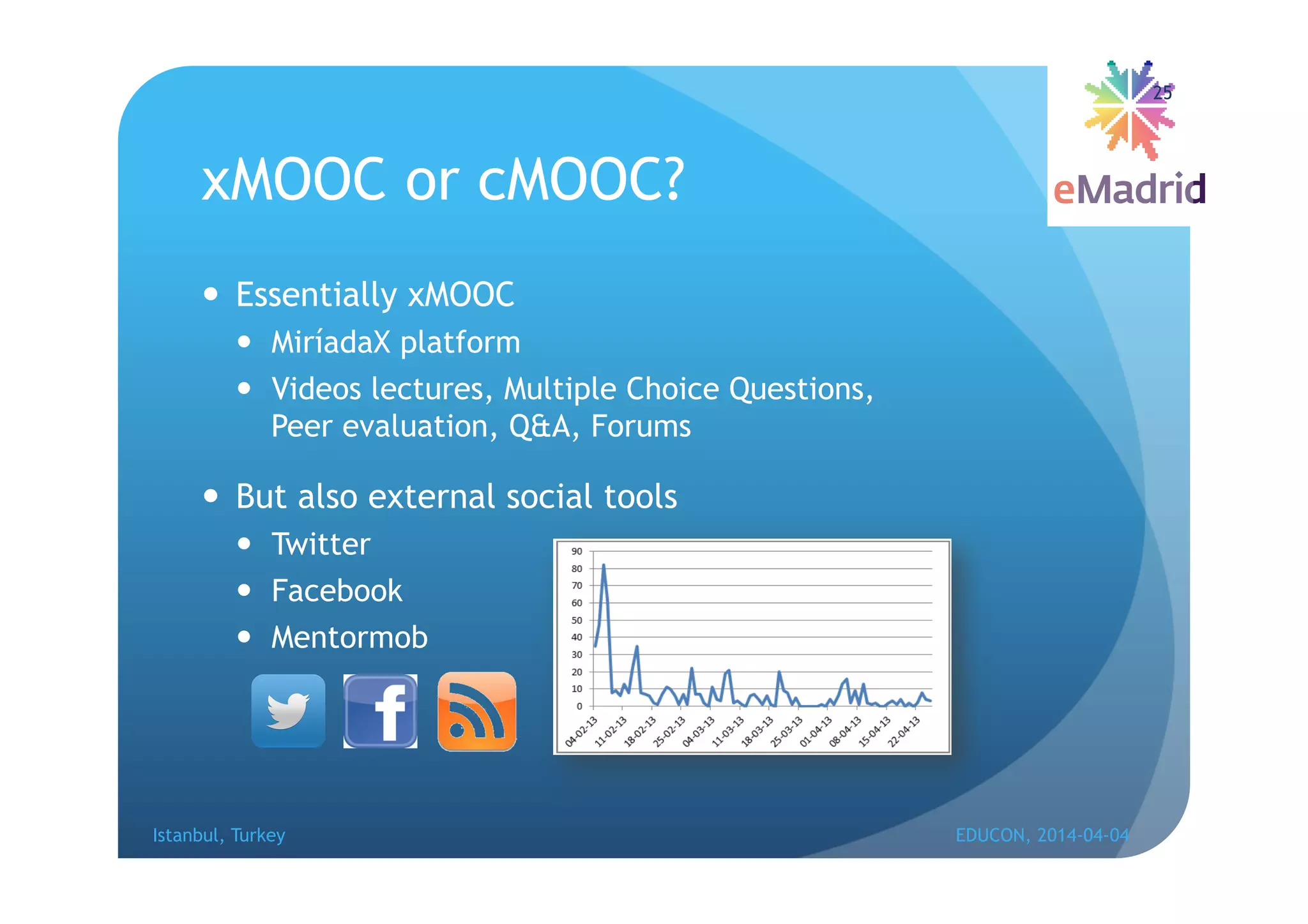 xMOOC or cMOOC?
 Essentially xMOOC
 MiríadaX platform
 Videos lectures, Multiple Choice Questions,
Peer evaluation, Q&A, Forums
 But also external social tools
 Twitter
 Facebook
 Mentormob
Istanbul, Turkey EDUCON, 2014-04-04
25
 