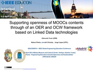 Supporting openness of MOOCs contents
through of an OER and OCW framework
based on Linked Data technologies
Edmundo Tovar (UPM)
Nelson Piedra, Janneth Chicaiza, Jorge López (UTPL)
EDUCON2014 – IEEE Global Engineering Education Conference
3-5 April 2014, Military Museum and Cultural Center, Harbiye, Istanbul, Turkey
Theme: "Engineering Education towards Openness and Sustainability”
UPM GICAC GROUP
this work is licensed under a CreativeCommons Attribution3.0 License http://creativecommons.org/licenses/by/3.0/ec/
 