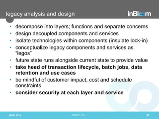 inBloom, Inc.
legacy analysis and design
• decompose into layers; functions and separate concerns
• design decoupled compo...