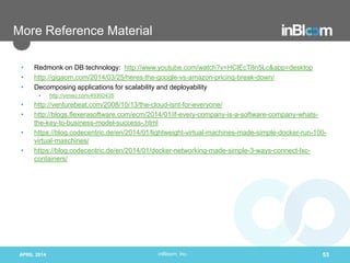 inBloom, Inc.
reference material
• https://www.docker.io/
• http://deis.io/overview/
• http://www.ambysoft.com/essays/brok...