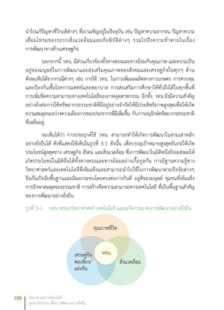 100 วิทยาศาสตร์ เทคโนโลยี
และนวัตกรรม เพื่อการพัฒนาอย่างยั่งยืน
นำไปแก้ปัญหาที่วิกฤติต่างๆ ที่เราเผชิญอยู่ในปัจจุบัน เช่น ปัญหาความยากจน ปัญหาความ
เสื่อมโทรมของระบบสิ่งแวดล้อมและภัยพิบัติต่างๆ รวมไปถึงความท้าทายในเรื่อง
การพัฒนาทางด้านเศรษฐกิจ
นอกจากนี้ วทน. มีส่วนเกี่ยวข้องทั้งทางตรงและทางอ้อมกับคุณภาพ และความเป็น
อยู่ของมนุษย์ในการพัฒนาและส่งเสริมคุณภาพของสังคมและเศรษฐกิจในทุกๆ ด้าน
ดังจะเห็นได้จากกรณีต่างๆ เช่น การใช้ วทน. ในการเพิ่มผลผลิตทางการเกษตร การควบคุม
และป้องกันเชื้อโรคการแพทย์และพยาบาล การส่งเสริมการศึกษาให้ทั่วถึงได้ในทุกพื้นที่
การเพิ่มขีดความสามารถทางเทคโนโลยีของภาคอุตสาหกรรม อีกทั้ง วทน.ยังมีความสำคัญ
อย่างยิ่งต่อการใช้ทรัพยากรธรรมชาติที่มีอยู่อย่างจำกัดให้มีประสิทธิภาพสูงสุดเพื่อให้เกิด
ความสมดุลระหว่างความต้องการของประชากรที่มีเพิ่มขึ้น กับการอนุรักษ์ทรัพยากรธรรมชาติ
ที่เหลืออยู่
จะเห็นได้ว่า การประยุกต์ใช้ วทน. สามารถทำให้เกิดการพัฒนาในสามเสาหลัก
อย่างยั่งยืนได้ ดังที่แสดงให้เห็นในรูปที่ 5-1 ดังนั้น เพื่อบรรลุเป้าหมายสูงสุดอันก่อให้เกิด
ประโยชน์สูงสุดทาง เศรษฐกิจ สังคม และสิ่งแวดล้อม ซึ่งการพัฒนาในมิติหนึ่งยังจะส่งผลให้
เกิดประโยชน์ในมิติอื่นได้ทั้งทางตรงและทางอ้อมอย่างเกื้อกูลกัน การมีฐานความรู้ทาง
วิทยาศาสตร์และเทคโนโลยีที่เข้มแข็งและสามารถนำไปใช้ในการพัฒนาตามปัจจัยต่างๆ
จึงเป็นปัจจัยพื้นฐานและมีผลกระทบโดยตรงต่อการกินดี อยู่ดีของมนุษย์ ชุมชนที่เข้มแข็ง
การรักษาสมดุลของธรรมชาติ การสร้างขีดความสามารถทางเทคโนโลยี ที่เป็นพื้นฐานสำคัญ
ของการพัฒนาอย่างยั่งยืน
รูปที่ 5-1	 บทบาทของวิทยาศาสตร์ เทคโนโลยี และนวัตกรรม ต่อการพัฒนาอย่างยั่งยืน
คุณภาพชีวิต
เศรษฐกิจ
พอเพียง/
แข่งขัน
สิ่งแวดล้อม
วทน.
 